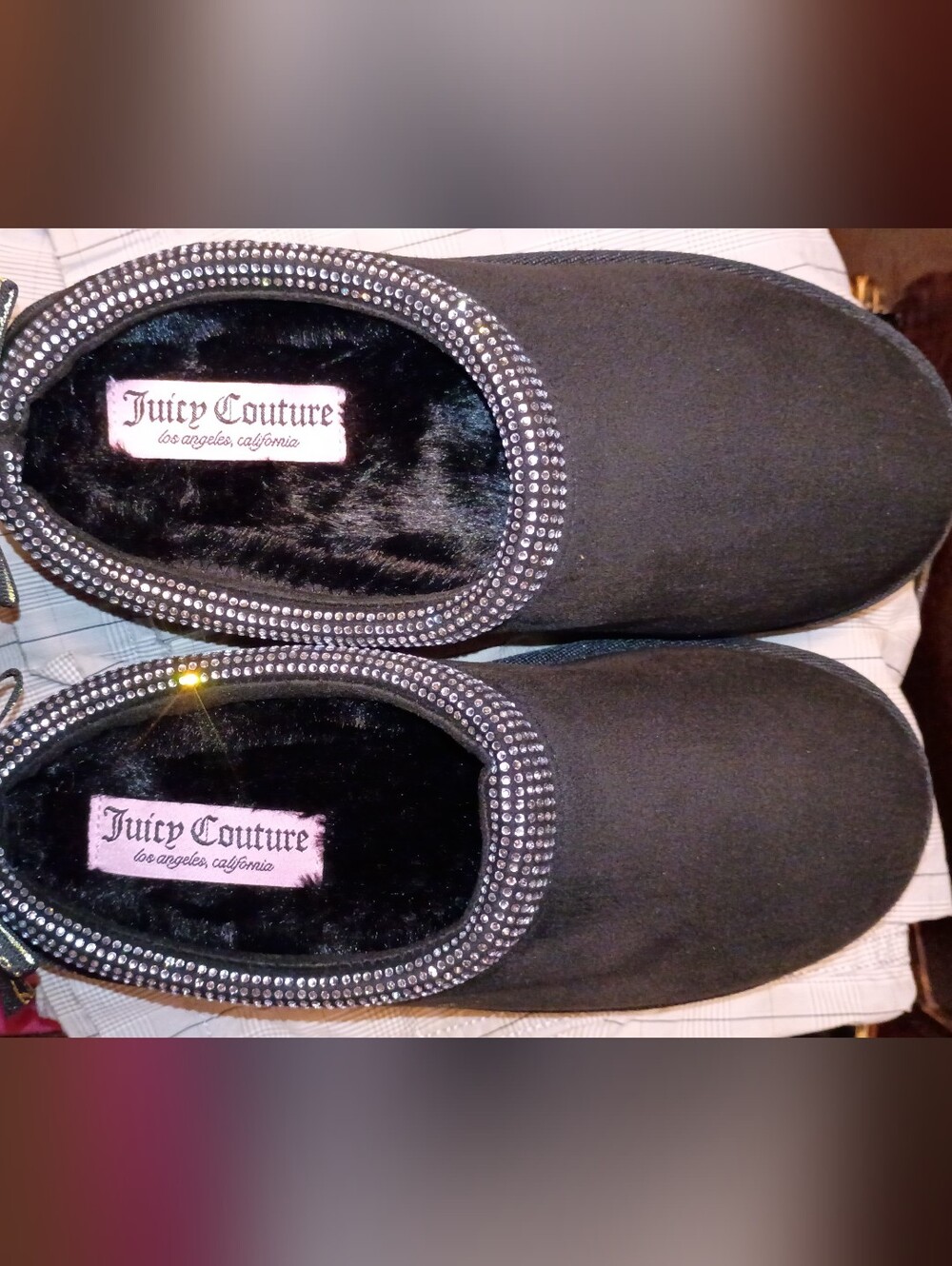 Juicy Couture Olyana Women's Black RhinestoneTrim w/ Faux Fur,Clog Slippers